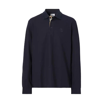 Burberry FW22 Solid Logo Embroidered Long Sleeve Polo Shirt Men Navy Blue 80602891