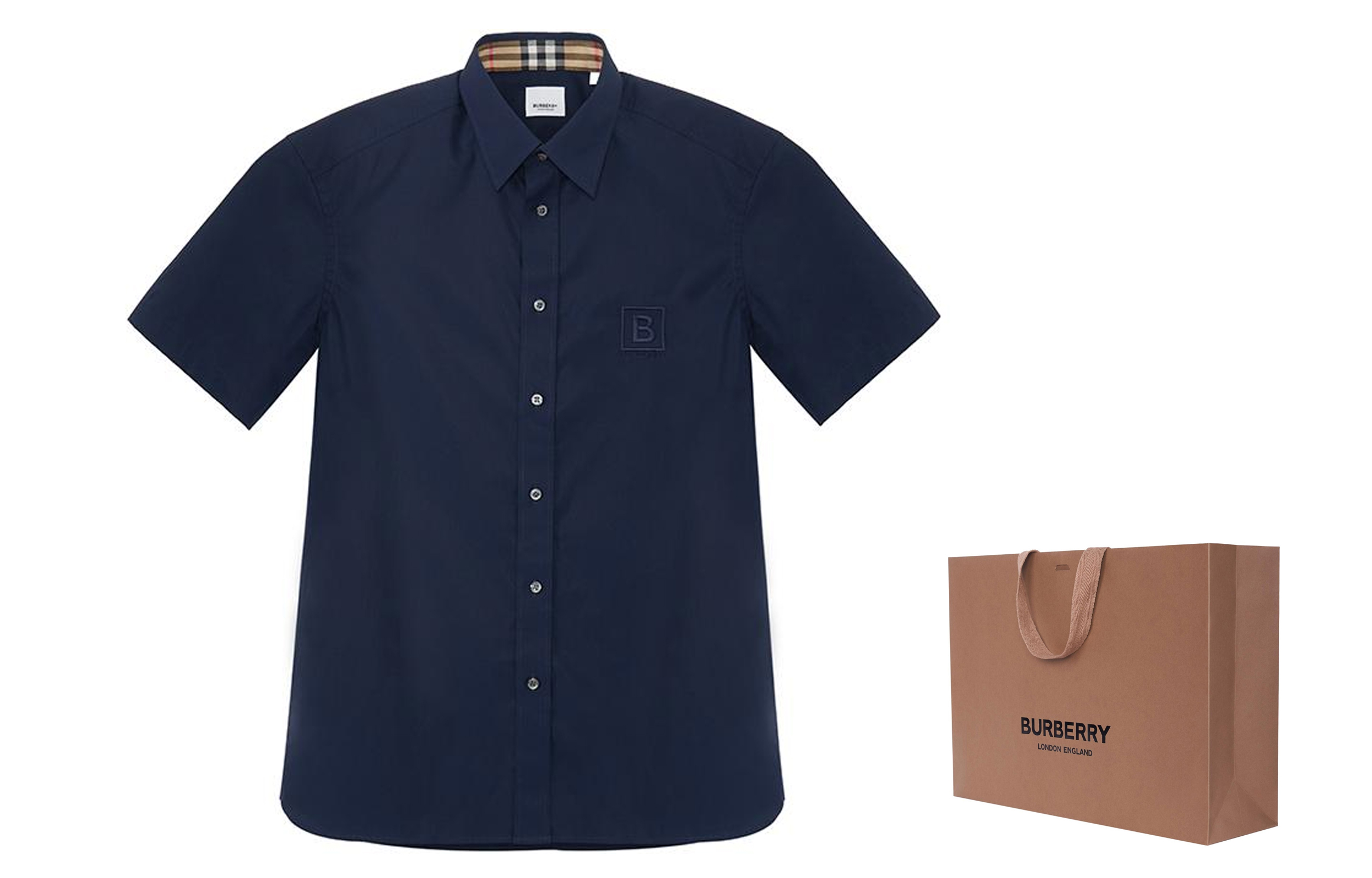 Shop Burberry FW22 Solid Logo Embroidered Single-Breasted  Navy Shirt. 80618621