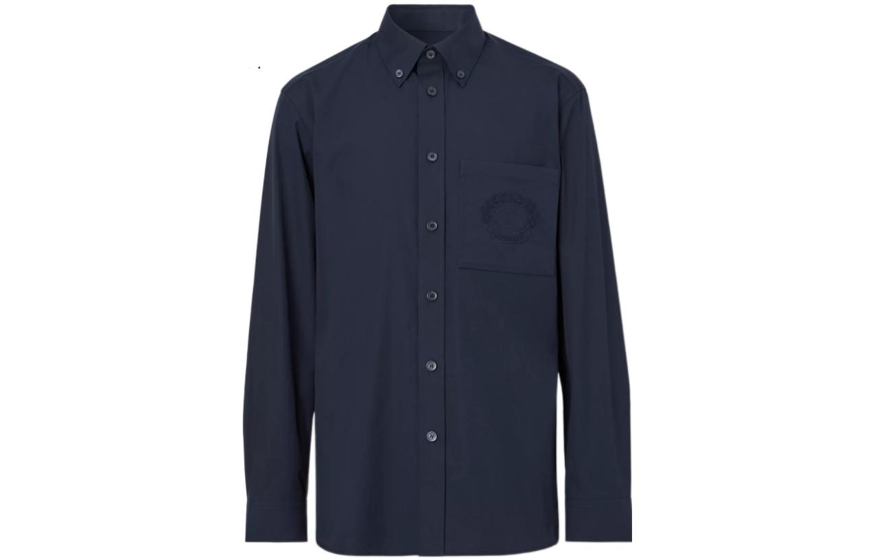 Burberry FW22 Solid Navy Long Sleeve Shirt with Oak Leaf Embroidery for Men. 80648761