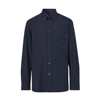 Burberry FW22 Solid Navy Long Sleeve Shirt with Oak Leaf Embroidery for Men. 80648761