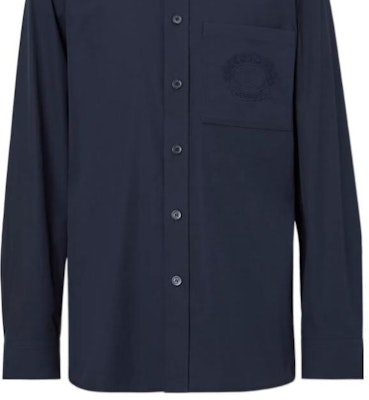버버리 FW22 솔리드 네이비 남성용 오크 리프 자수 긴팔 셔츠. 80648761 Sizing 버버리 FW22 솔리드 네이비 남성용 오크 리프 자수 긴팔 셔츠. 80648761