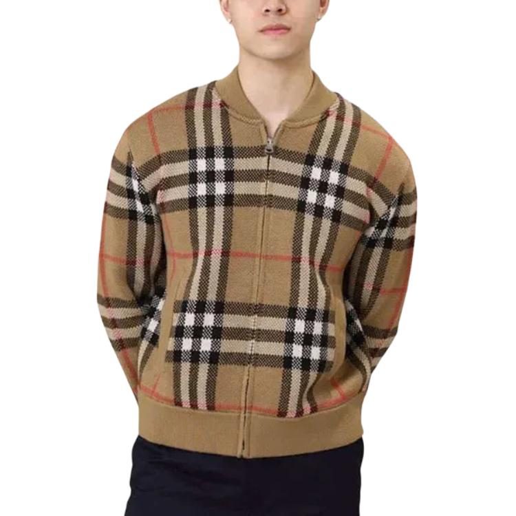 Shop Burberry FW23 棕色格紋拉鍊開衫針織毛衣. 80911641