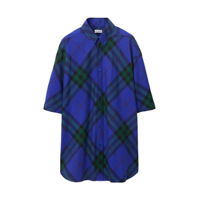Burberry FW23 Embroidered Logo Plaid Short Sleeve Shirt in Knight Blue. 80829021