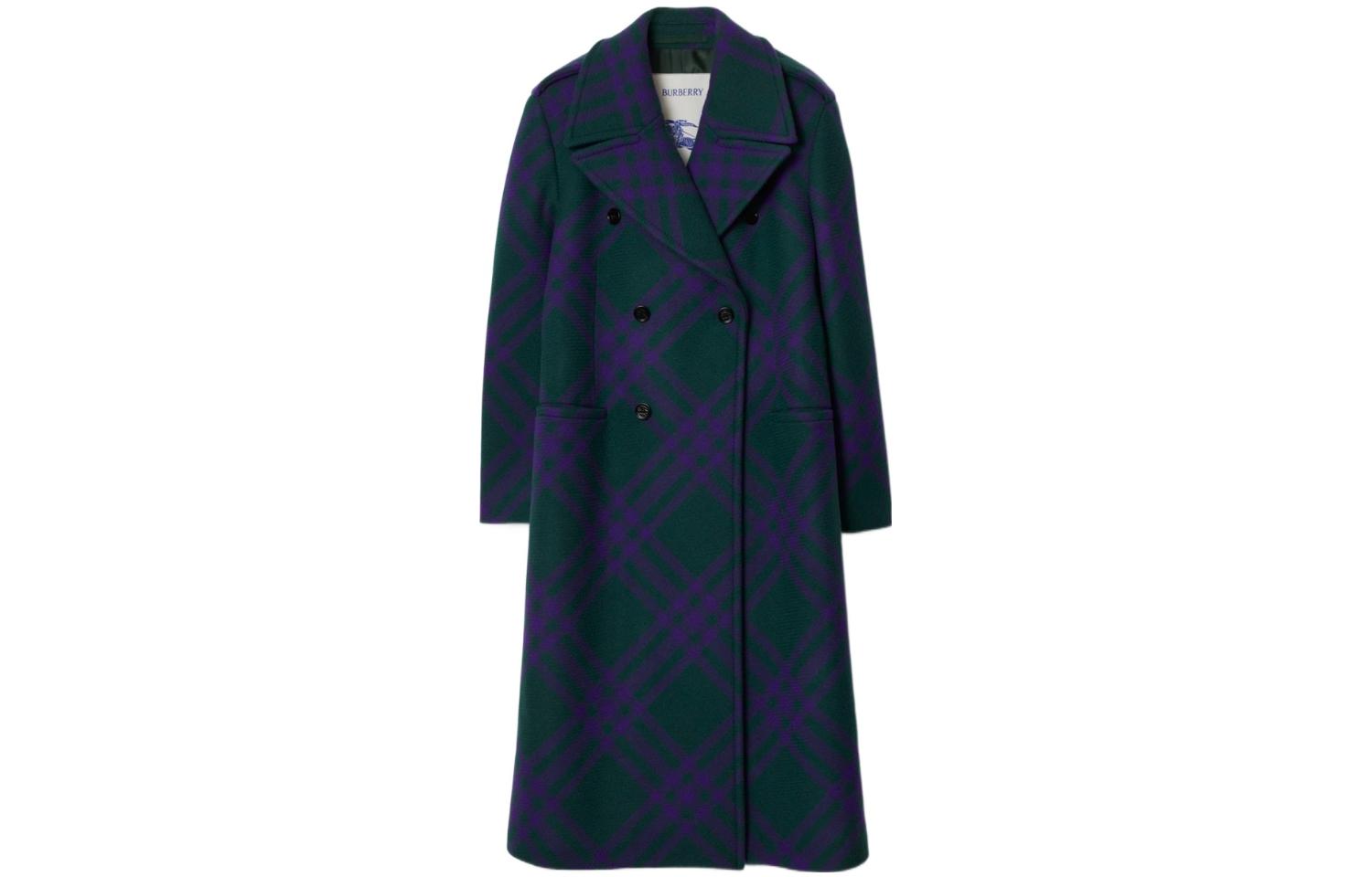 Order Burberry FW23 紫色羊毛雙排扣大衣 經典格紋拼接設計. 80766691