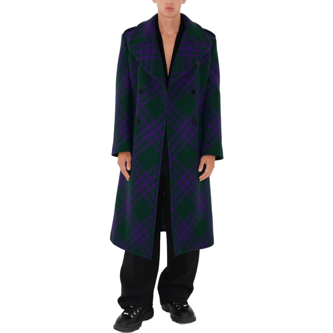 Shop Burberry FW23 紫色羊毛雙排扣大衣 經典格紋拼接設計. 80766691