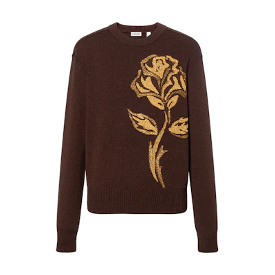 Burberry FW23 Rose Intarsia Knit Sweater Chocolate Brown. 80758271