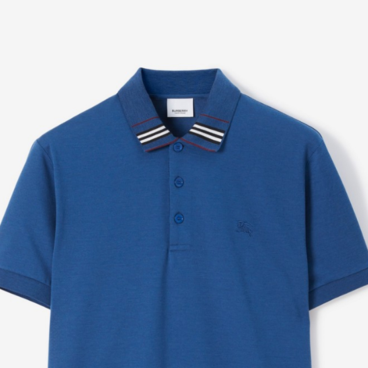 Details for Burberry FW23 Polo Azul Marino de Manga Corta con Rayas y Logo Bordado 80707721
