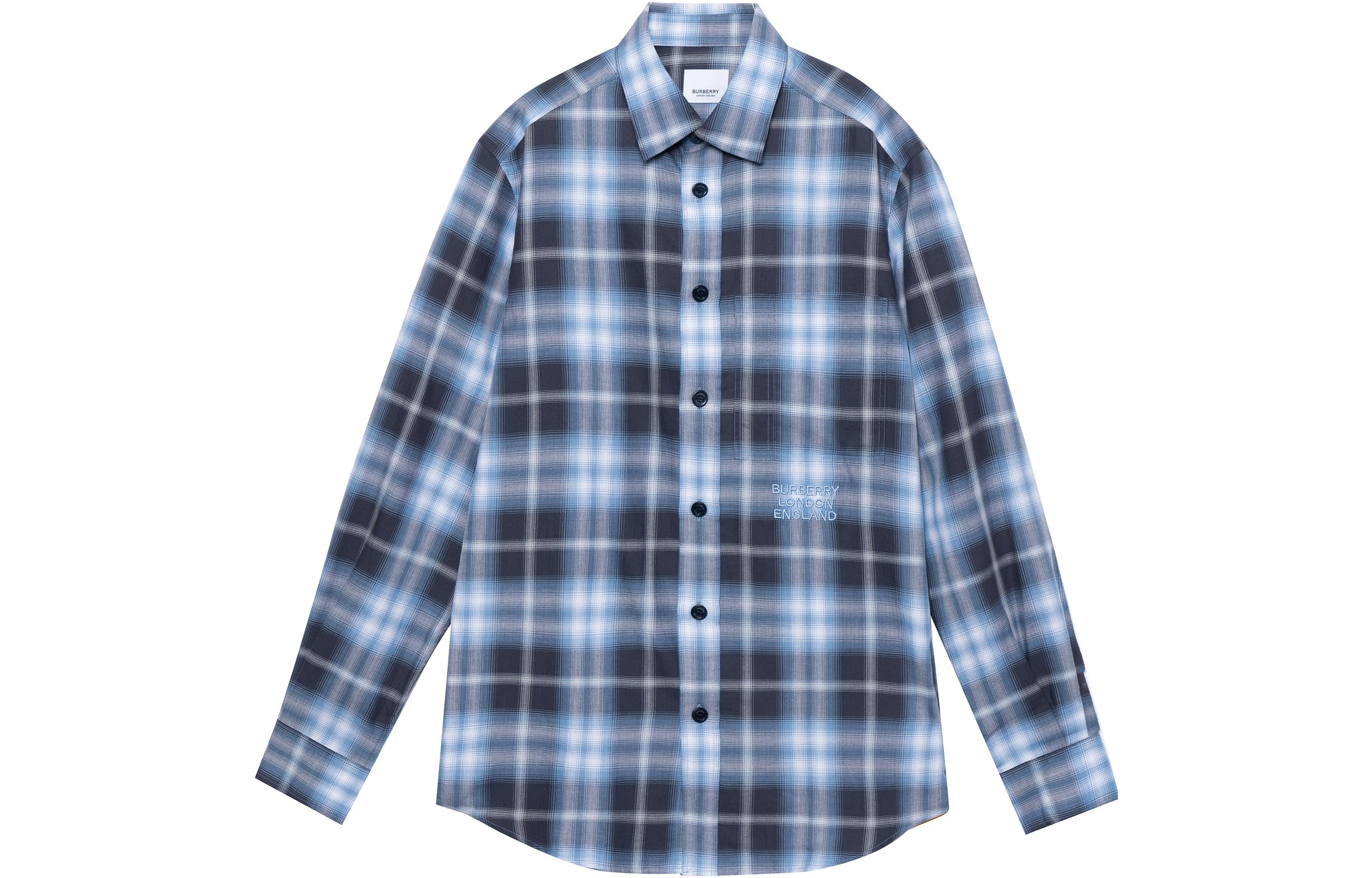 Burberry Gradient Plaid Shirt with Embroidered Logo - Blue 80367751