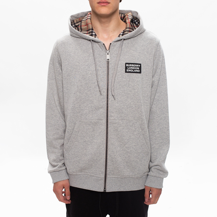 Shop Burberry Grey Unisex Hoodie with Solid Logo Patch Design 8026221