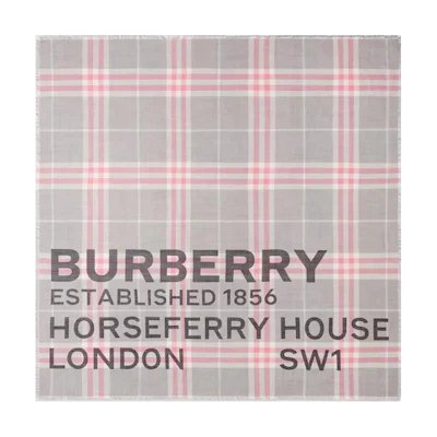 Burberry Horseferry Check Print Wool Silk Scarf Light Gray/Light Pink. 80573881