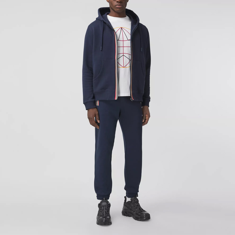 Shop Burberry 海軍藍經典條紋細節針織運動長褲 80358821