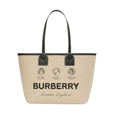 Burberry Label Print Cotton Medium London Tote Bag Beige/Black/Acrhive Beige