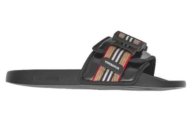 Order Burberry 条纹装饰皮革涂层帆布拖鞋 '黑色' 80389461