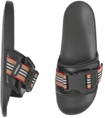Burberry Leather Stripe Decorated Coated Canvas Slide 'Black' 80389461 Purchase Burberry Leather Stripe Decorated Coated Canvas Slide 'Black' 80389461