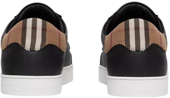 博柏利黑色皮革麂皮和复古格纹棉质运动鞋 80617521 Shop 博柏利黑色皮革麂皮和复古格纹棉质运动鞋 80617521
