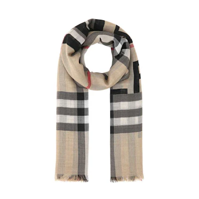 Burberry Letter Embellished Checkered Wool Scarf Unisex Couples Brown. 8035555-A7026
