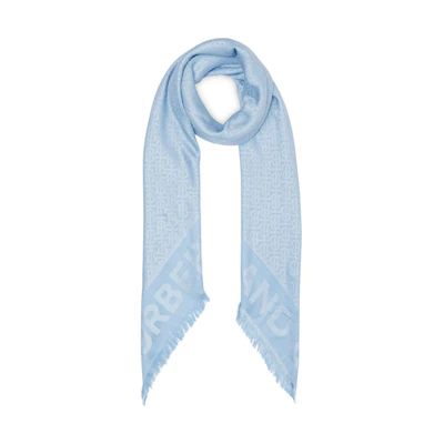 Burberry Light Blue Wool Jacquard Logo Scarf Shawl with Fringe. 8017178