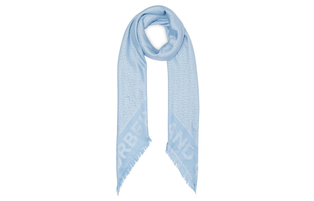 Burberry Light Blue Wool Jacquard Logo Scarf Shawl with Fringe. 8017178 圖 2