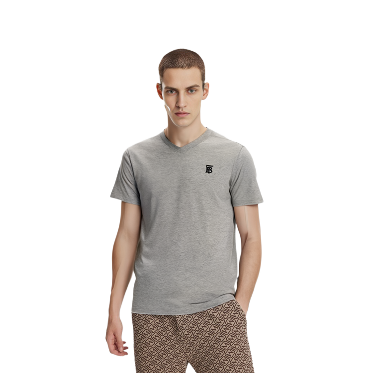 Shop Burberry Kaos Abu Muda V-Neck Logo Cetak Lengan Pendek 80172571