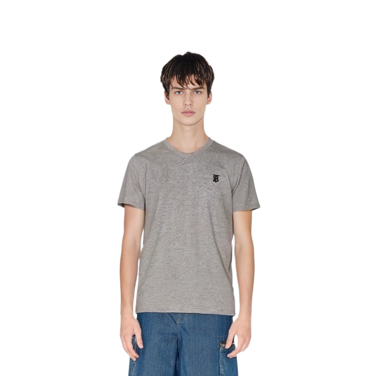 Purchase Burberry Kaos Abu Muda V-Neck Logo Cetak Lengan Pendek 80172571