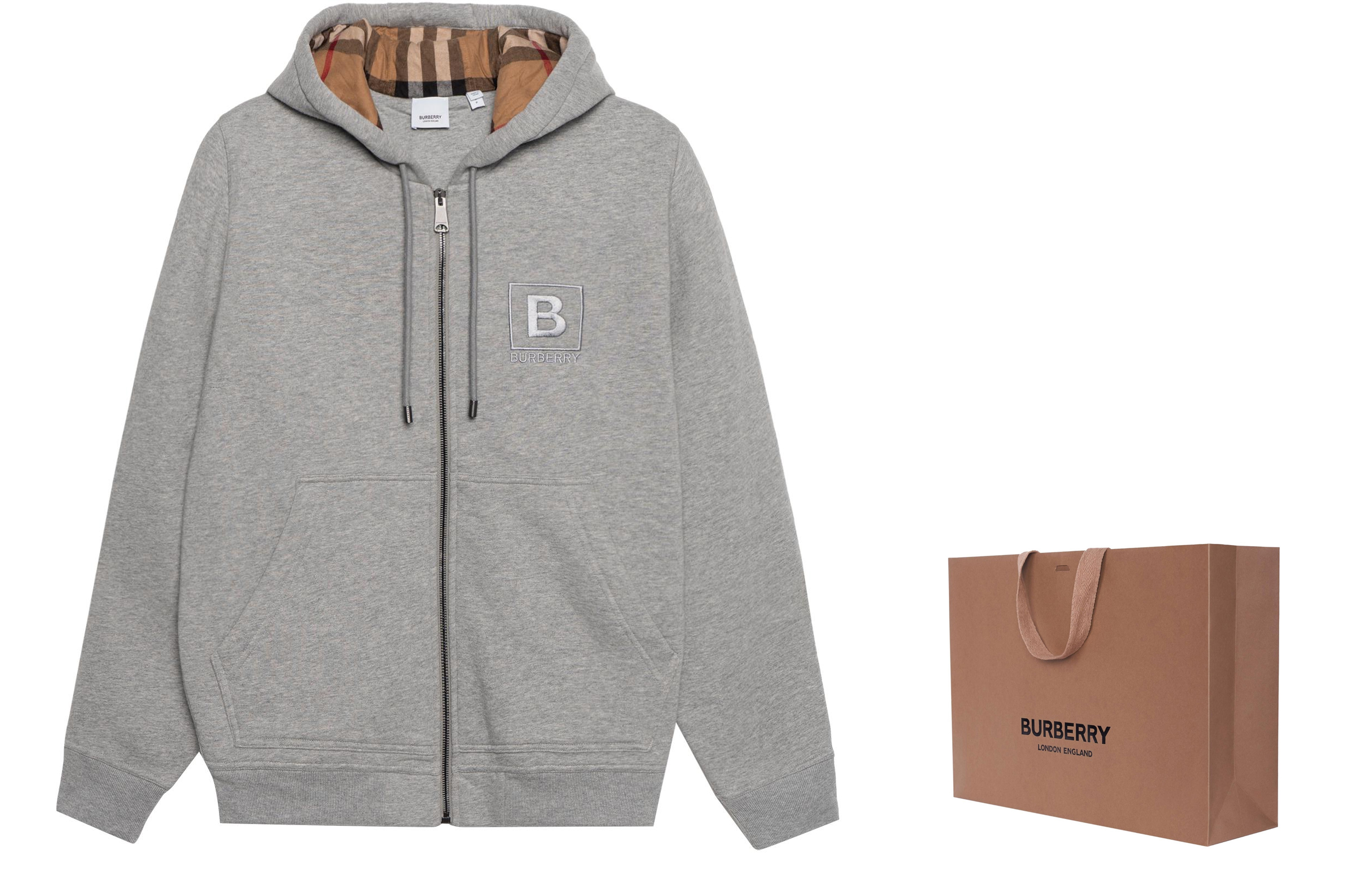 Shop Burberry Logo Hoodie Zip-Up Sweatshirt Unisex Light Grey. 80618571