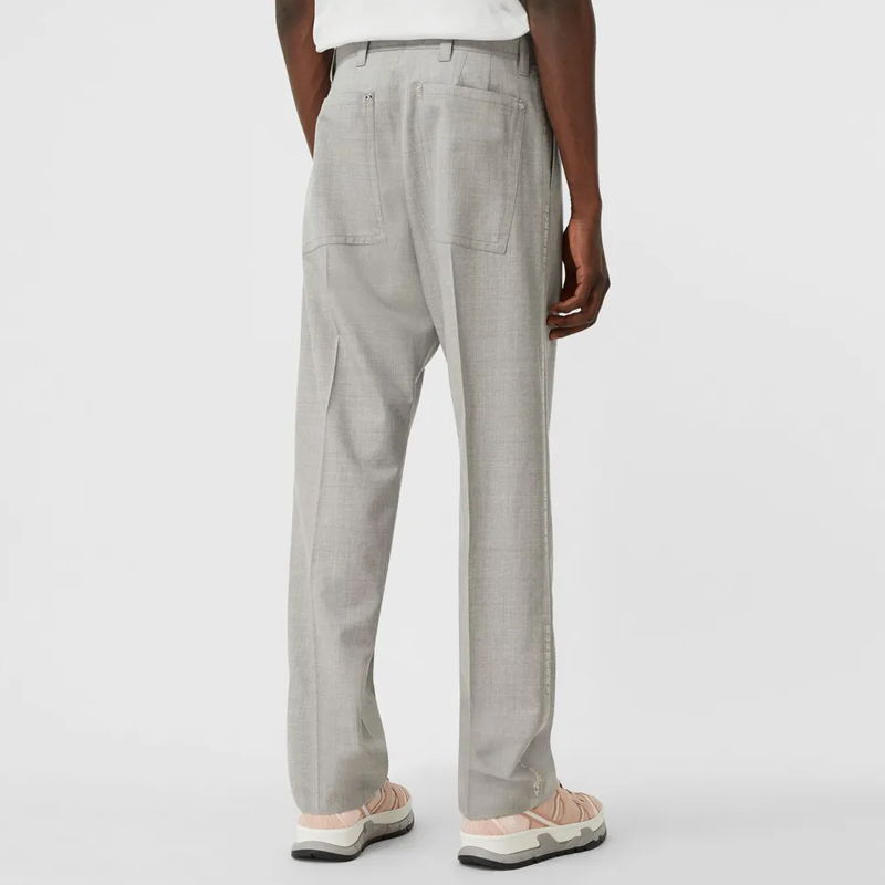 Shop Burberry 灰色標誌提花羊毛休閒長褲 男款 80317181