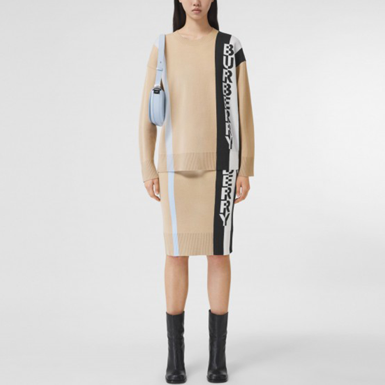 Lookbook 博柏利标志美丽诺羊毛混纺提花米色长裙 80391831