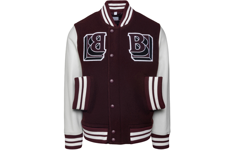 Order Burberry Logo Patchwork Single-Breasted Baseball Jacket Unisex Burgundy 80455321