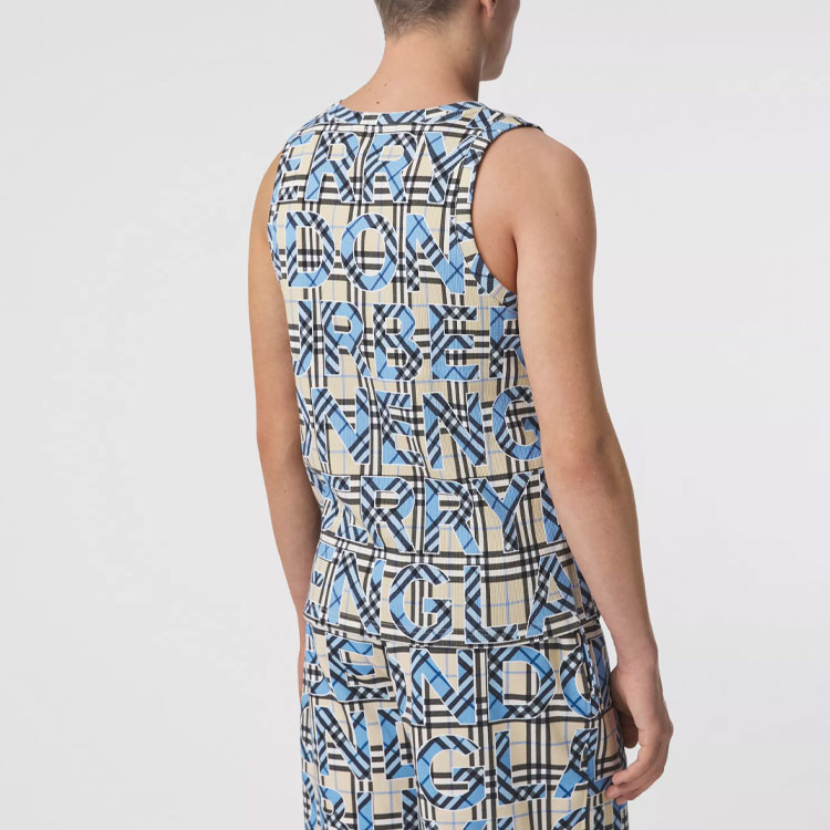 Shop Burberry 標誌印花格紋無袖針織上衣亮鈷藍 80392301