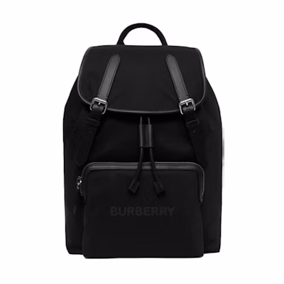 Burberry Logo Print Nylon Double Buckle Backpack Black