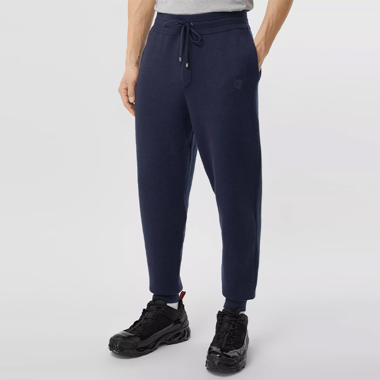 Lookbook Celana Jogger Knit Fleece Burberry Logo Wool-Blend Pria Biru Navy 80379351