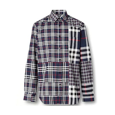Burberry Long Sleeve Check Patchwork Button-Up Shirt - Dark Gray 80185701