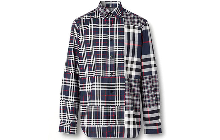 Order Burberry Kemeja Lengan Panjang Check Patchwork Button-Up - Kelabu Gelap 80185701