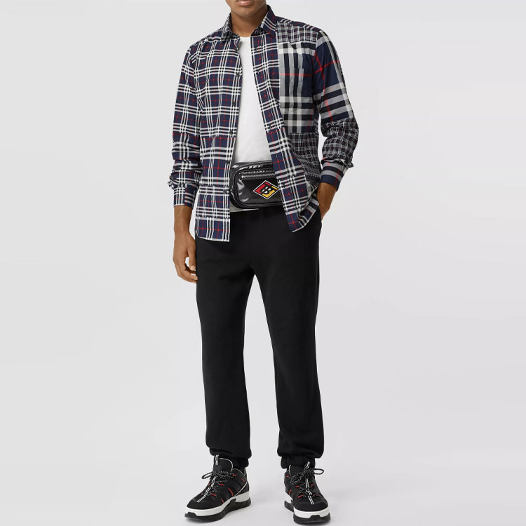 Lookbook Burberry Kemeja Lengan Panjang Check Patchwork Button-Up - Kelabu Gelap 80185701