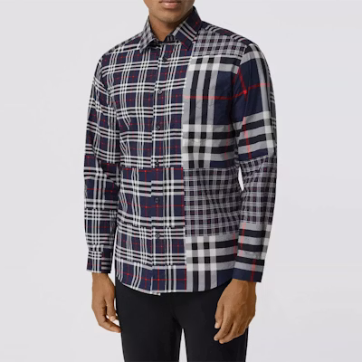 Burberry Kemeja Lengan Panjang Check Patchwork Button-Up - Kelabu Gelap 80185701 Shop Burberry Kemeja Lengan Panjang Check Patchwork Button-Up - Kelabu Gelap 80185701
