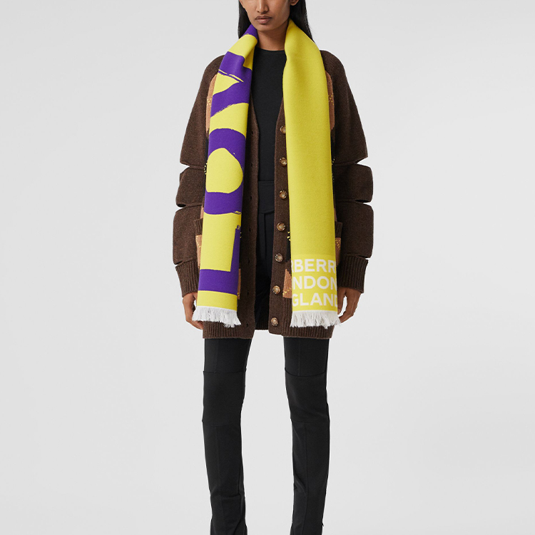 Burberry LOVE Reversible Wool Silk Jacquard Scarf Unisex Yellow Purple 80375361 圖 6