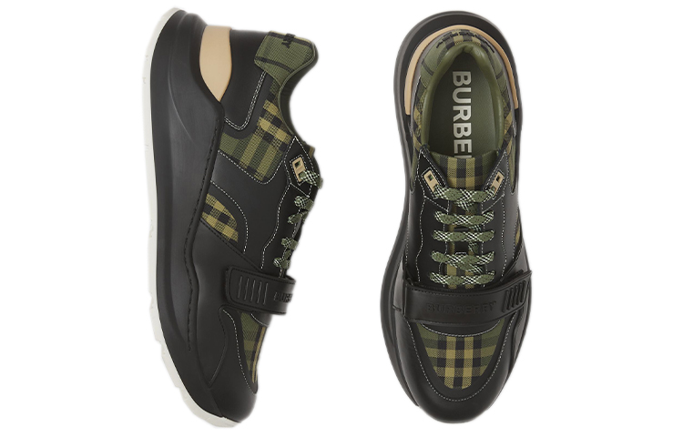 Shop Burberry 博柏利 皮革 格紋棉質 低幫 運動休閒鞋 男款 軍綠色