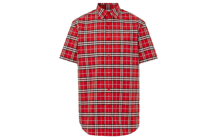 Burberry Male Check Short-Sleeve Shirt with Logo Patch in Chili Red 80393061