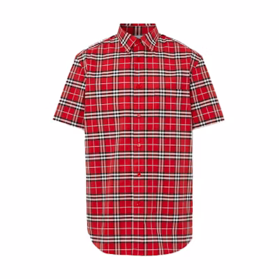 Burberry Male Check Short-Sleeve Shirt with Logo Patch in Chili Red 80393061