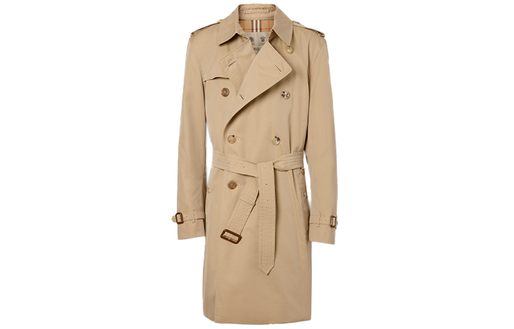 Burberry Mid-Length Solid Double-Breasted Belted Trench Coat Beige 80280911