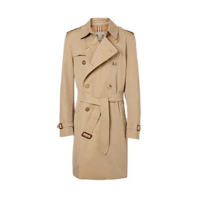 Burberry Mid-Length Solid Double-Breasted Belted Trench Coat Beige 80280911