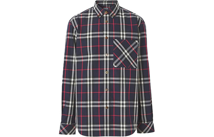 Burberry Navy Blue Check Long-Sleeve Button-Down Shirt. 80433331