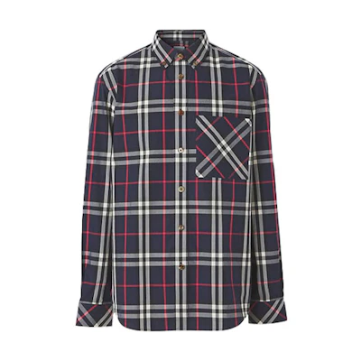 Burberry Navy Blue Check Long-Sleeve Button-Down Shirt. 80433331