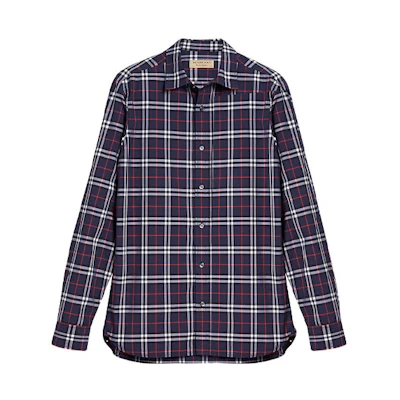 Burberry Navy Blue Check Long-Sleeve Casual Shirt 80031051