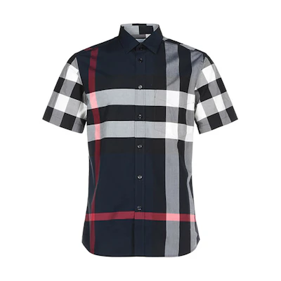 Burberry Navy Blue Check Short Sleeve Button-Up Shirt 80208551