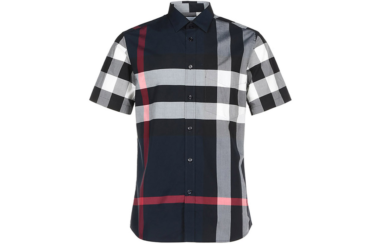 Order Burberry Baju Navy Biru Corak Kotak Lengan Pendek dengan Butang. 80208551