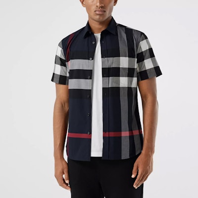 Kemeja Burberry Navy Blue Check Lengan Pendek Kancing Depan. 80208551 Details for Kemeja Burberry Navy Blue Check Lengan Pendek Kancing Depan. 80208551