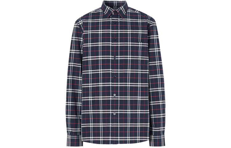 Burberry Navy Blue Check Stretch Long-Sleeve Shirt 80186401