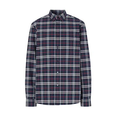 Burberry Navy Blue Check Stretch Long-Sleeve Shirt 80186401