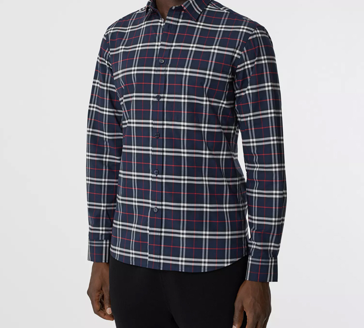 Lookbook 버버리 네이비 블루 체크 스트레치 긴팔 셔츠 80186401